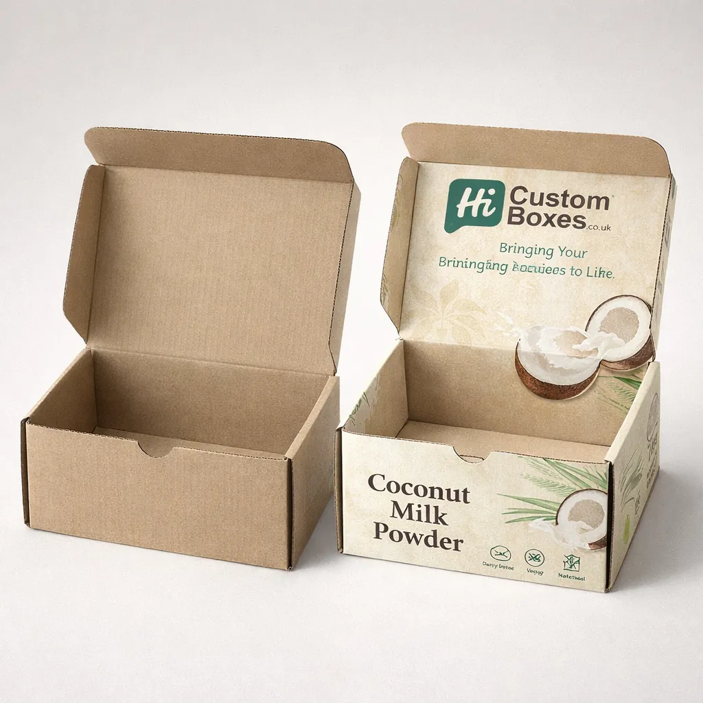 Bespoke kraft mailing boxes showcasing printed coconut graphics and dairy-free branding for UK e-commerce shipping. class=